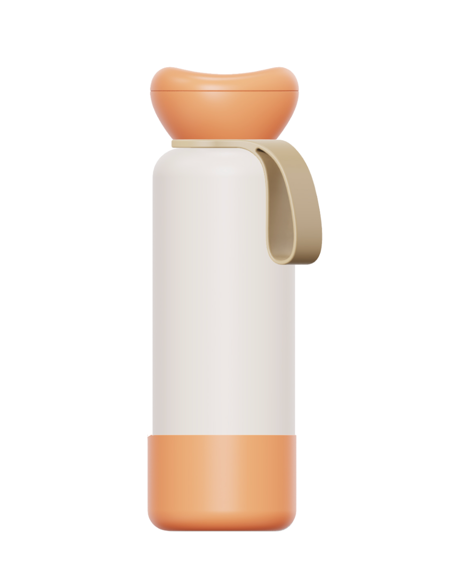 White and orange thermos bottle with a beige handle on a white background
